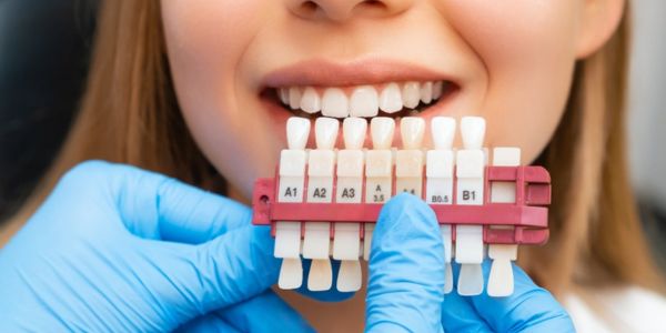 Close-up view of beautiful porcelain veneers showing natural-looking teeth with perfect alignment and color, demonstrating the aesthetic results possible with quality veneer treatment